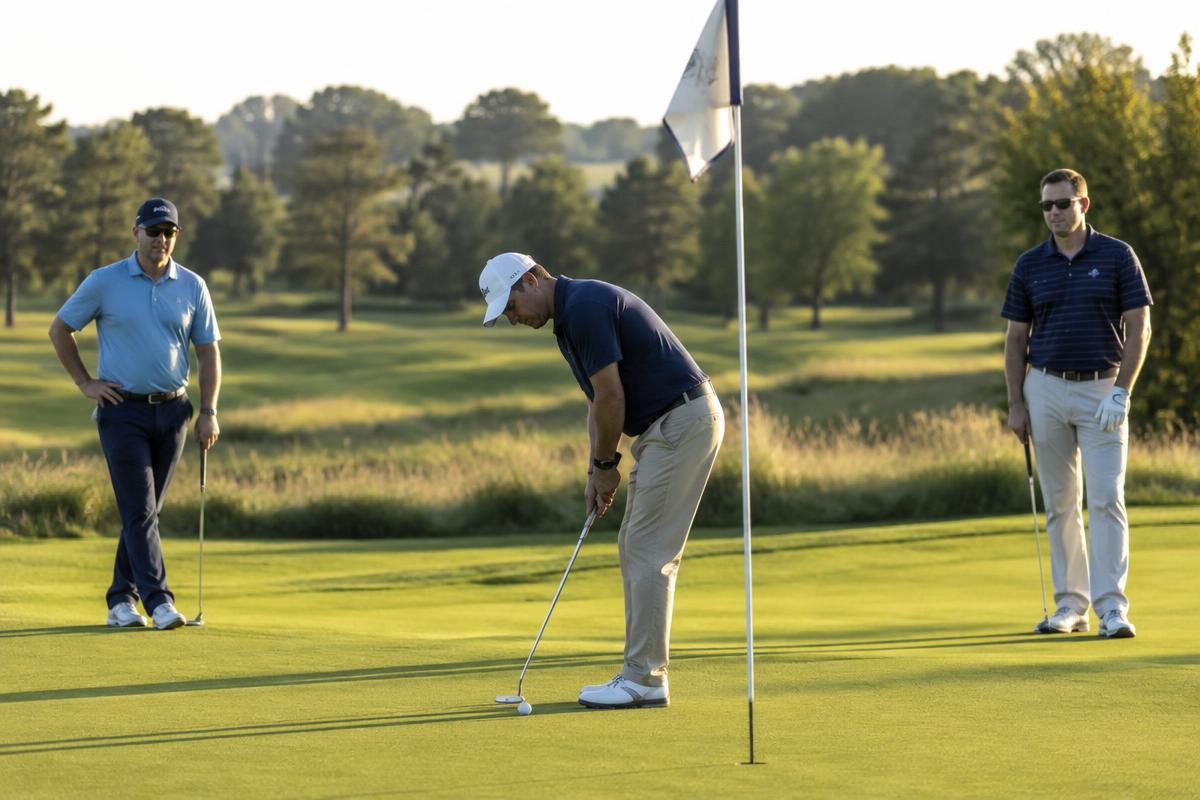 A group of golfers on the green while one lines up a putt by the flag