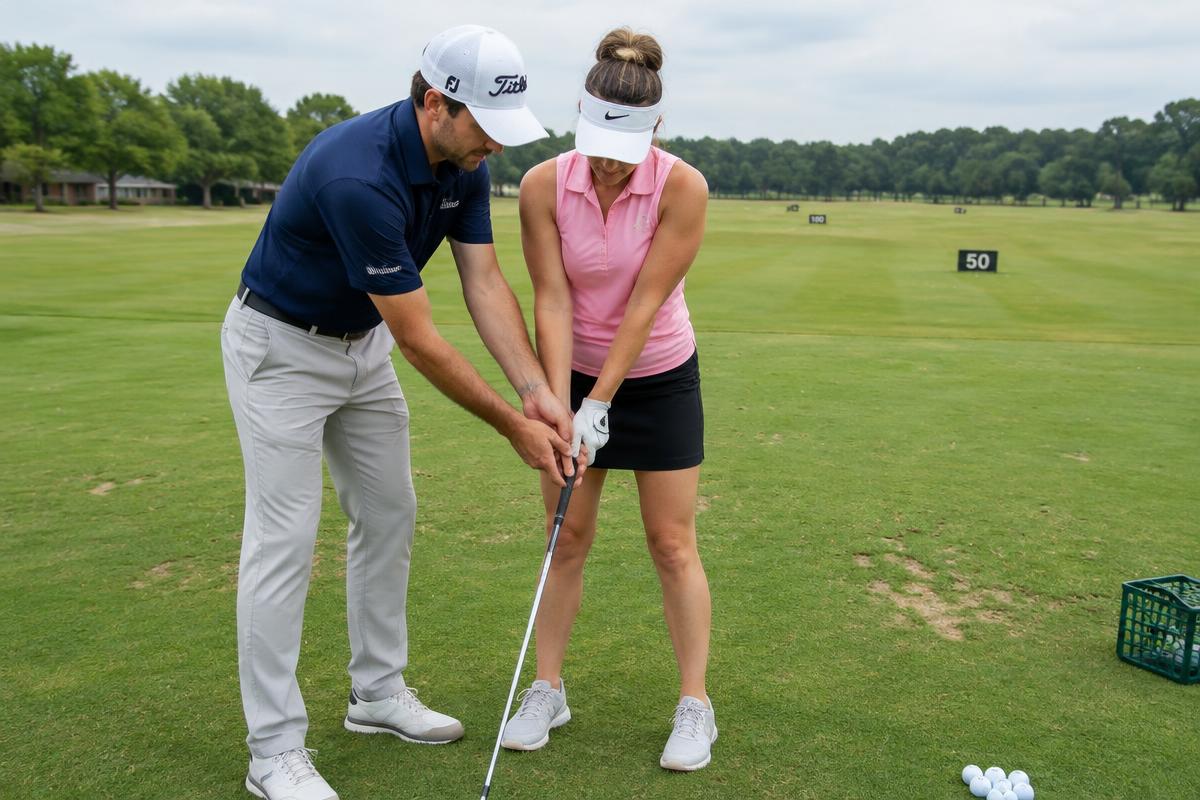 A golf pro showing a beginner how to grip the club on the practice tee