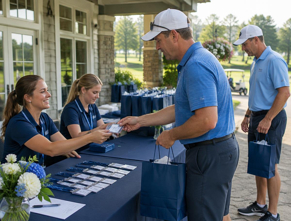 Volunteers handing name badges and gift bags to golfers at the check-in table