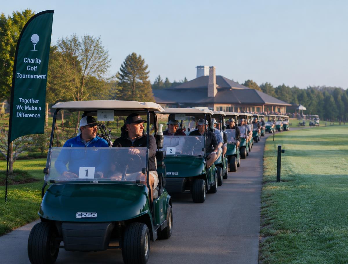 Players in golf carts lined up on the cart path for a shotgun start